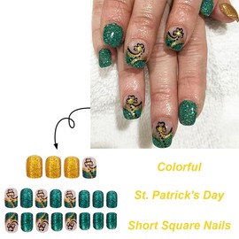 24Pcs St Patricks Day Press on Nails Short Square Glitter Green Fake Nails Shamrock with Rhinestones Design Irish Acrylic Nails Lucky Clover Glue on Nails Spring Stick on False Nails for Women