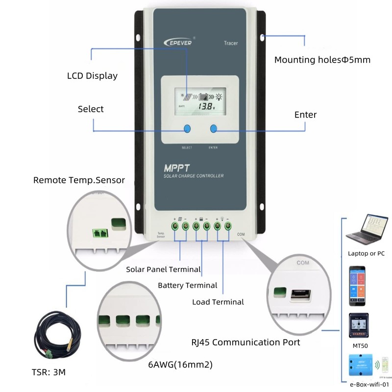EPEVER 40A MPPT Charge Controller, Solar Panels Regulator MAX 1080W
