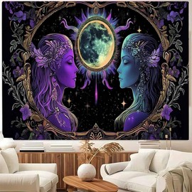 FENDROM Psychedelic Purple Meditation Hippie Tapestry for Bedroom Aesthetic, Fantasy Trippy Mystic Floral Lovers Face Vintage Decor Tapestries Wall Hanging Backdrop for Living Room Dorm
