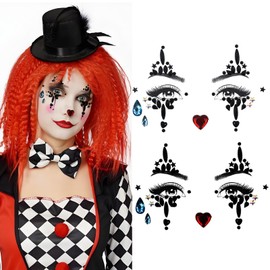 2 Sheets 3D Clown Face Gems Jewels Makeup Tattoo Stickers for Women, Sparkling Clown Queen Crystals Gemstone Rhinestone Face Stickers for Halloween Carnival Rave Party Decor (2, Black, Medium)