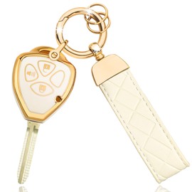 OLLEN Key Fob Cover with Keychain, Compatible with Toyota 4Runner Corolla Matrix RAV4 Venza Yaris Scion, Full Protection Soft TPU Key Case, with Leather Keychain, 3 Button, White