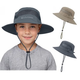 Durio Children's Sun Hat UV Protection Sun Hat with Chin Strap Children's Fishing Hat with Neck Protection Children's Hat Breathable Sun Protection Cotton for Boys 4-12 Years, Deep khaki light grey