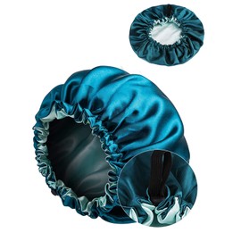 MUFEKUM Hair Bonnet for Sleeping, Large Adjustable Double Sided Satin Bonnet, Silk Bonnet for Women Girls Mens Hair Care, Bonnet Sleep Cap for Curly Hair Black Hair (Blue)
