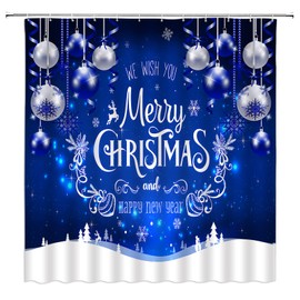 WANVYON Merry Christmas Shower Curtain Blue Silver Xmas Balls Snowflake Fantasy Snowy Winter Holiday Bathroom Decor Polyester Curtains with Hooks