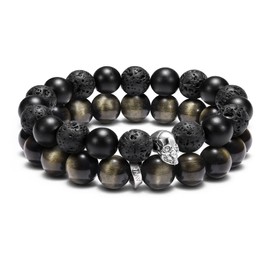 AWNL Men's Double Strand Bracelet Sterling Silver Skull Charm Natural Gemstones Black Onyx Volcanic Obsidian Healing Protection Beads Bracelet Gift for Men, 6.7''-7.1''