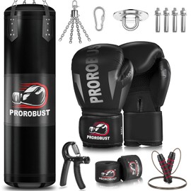 Prorobust Punching Bag for Adults, 4ft Oxford Heavy Boxing Bag Set, 12 oz Boxing Gloves, Hand Wraps, Jump Rope & Strength Trainer. Versatile Boxing Training Equipment for Kick Boxing Karate - Unfilled