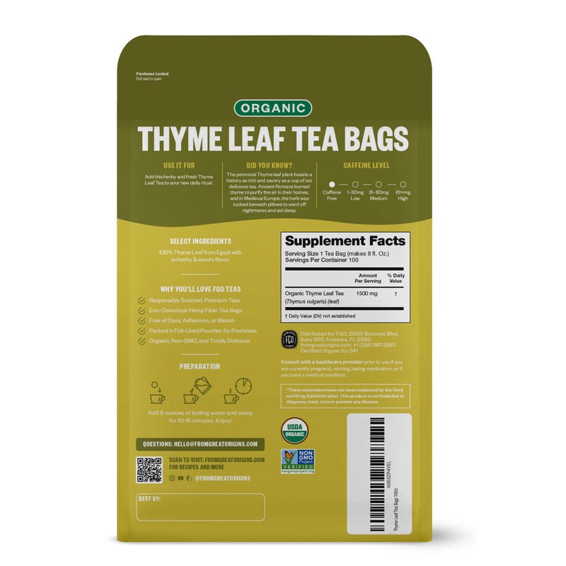 FGO Organic Thyme Leaf Tea, 100 Count, Eco-Conscious Tea Bags,