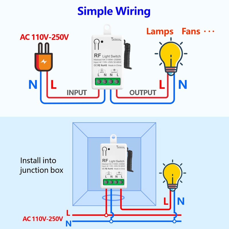 DieseRC Wireless Light Switch, RF Wireless Transmitter Switch and 10A