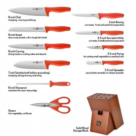 Klaus Meyer Acciaio High Carbon Stainless Steel 11 Piece Kitchen Knife Block Set (Red)