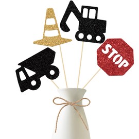 Construction Party Centerpiece Sticks, Construction Birthday Decorations, Work Zone Party Decoration, Dump Truck Car Baby Shower Party Supplies 12 Pieces Gold Black Red