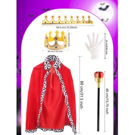 Flotory 4 Pcs King Costume for Kids Red Cloak Child Robe with Golves Golden Crown Scepter Prince Cape Dress up for Boys Girls Halloween Role Play Party