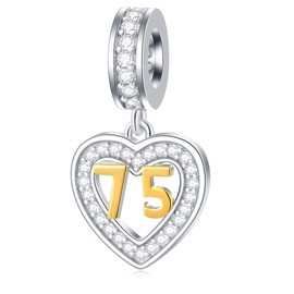 EMOSTAR 10 to 20 21 22 23 24 25 28 30 33 35 40 45 50 55 60 65 70 75 80 Birthday Charms fit European Anniversary Bracelet Necklace, Dangle 18K Golden Number Heart Pendant with CZ, for Women/Men, Sterling Silver, No Gemstone