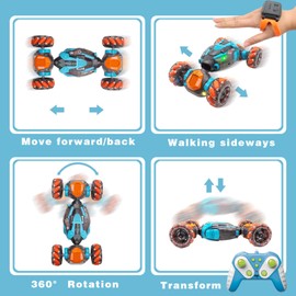RECO TOYS Remote Control Twist Car Gesture Sensing RC Stunt Cars 360°Rotation 4WD Toys Car for Kids Age 7-14 Year Old Transform Car with Lights Music for Boys Girls Birthday Xmas Gifts (Blue/Orange)