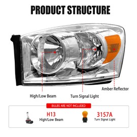 SHAREWIN Headlight Assembly Compatible with 2006-2008 Ram 1500/2007-2009 Ram 2500 3500 Chrome Housing Amber Reflector Driver and Passenger Side