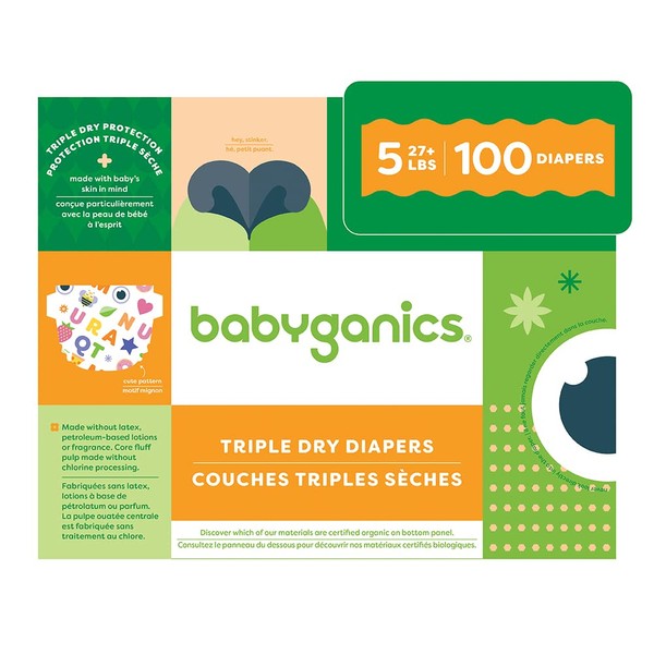 Babyganics Size 5, 100 count, Absorbent, Breathable, Triple Dry Protection Diapers