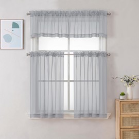 Chyhomenyc Sheer Light Grey Valances for Windows 2 Pack, Small Window Curtains for Living Room Bathroom Cafe Laundry Basement, Modern Top Dual Rod Pocket Voile Curtain, 42W x 14L inches
