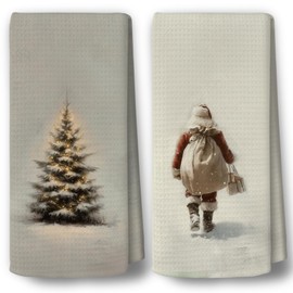 BCUANGD Vintage Christmas Kitchen Towels Decor Set of 2 - Retro Xmas Holiday Hand Tea Towels, Rustic Neutral Antique Christmas Tree Snowman Dish Towel Dishcloths Decorations for Home Kitchen, 16"x24"