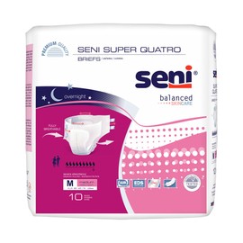 Seni Super Quatro Unisex Adult Incontinence Briefs with Tabs, Size Medium (30"-43"), 10 Count (1 Pack of 10), Severe Absorbency, Disposable Overnight Briefs for Men & Women