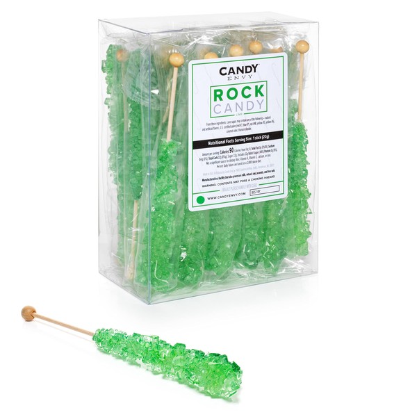 Green Rock Candy Crystal Sticks - Lime Flavored - 24 Indiv. Wrapped