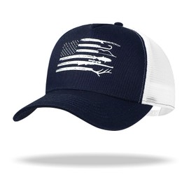 Oversize L/XL/XXL Hunting & Fishing Trucker Hat - Large Size Breathable Mesh American Flag Baseball Cap for Men Big Head Navy/Black
