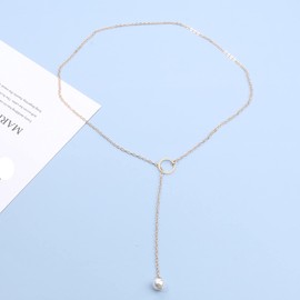 Yheakne Boho Pearl Circle Necklace Gold Y Pearl Necklace Minimalist Y Lariat Necklace Chain Jewelry for Women and Teen Girls (Gold)