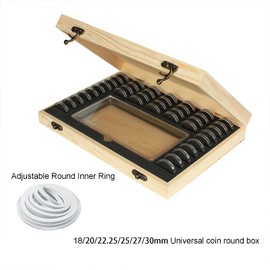 Wooden Coin Capsules Holder Case, Coin Storage Box Banknotes Collection Holder with Lock, Coin Collector Organizer Coin Display Commemorative Case for 40 Coins and 100 Banknotes