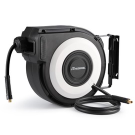 HOZEREEL Enclosed Retractable Air Hose Reel, 3/8 Inch x 50+5 Ft Hybrid Hose Air Compressor Hose Reel in Max 300 PSI Design, 180°Swivel Bracket Quick Coupler