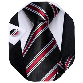 DiBanGu Black Red Stripe Tie for Men Silk Black Red Necktie Pocket Square Cufflinks Set