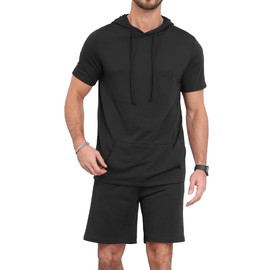 Aiyino Men's Tracksuit 2 Piece Hooded Athletic Sweatsuit Short Sleeve Casual Sports Hoodie Shorts Set 2XL Black