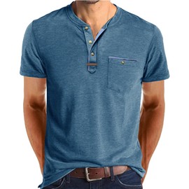 Mens Henley Shirts Short Sleeve Button T-Shirts Summer Vintage Lightweight Tee Shirts with Pocket Blue