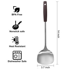14 Inch Large Stainless Steel Spatula Wok Spatula for Cooking Cast Iron Spatula Metal Turner Serving Spatulas Flat Long Handle Kitchen Spatula Big Wok Utensils Tools