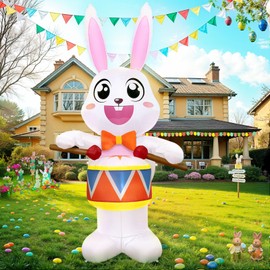 OurWarm 8 FT Easter Inflatables Outdoor Decorations, Drumming Inflatable Easter Bunny Decor, Easter Blow Ups for Outside Built-in LED Lights, Easter Inflatable for Yard Lawn Easter Decorations Outdoor