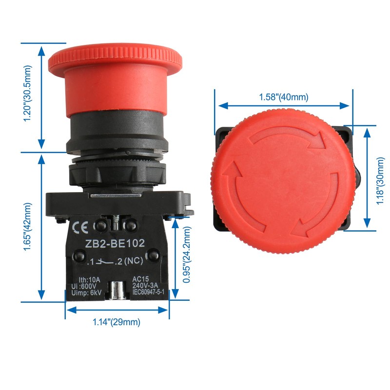 Baomain Push Button Switch ZB2-BE102C 22mm NC N/C Red Mushroom