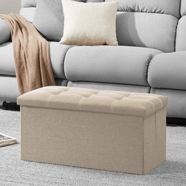 YOUDENOVA 30 Inches Folding Ottoman With Storage, Footrest Seat Support 350lbs, Bench for Living Room Bedroom, Linen Fabric Beige