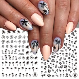 6pcs Summer Coconut Tree Nail Art Stickers Sea Island Style 3D Back Glue Hand-Drawn Nail Stickers Palm Tree & Leaves Design Black Nail Decals Themed for Tropical Holiday Nail Art Decor