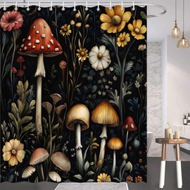 Mushroom Floral Shower Curtain Retro Boho Vintage Plants Flowers Botanical Nature Fairy Forest Black Background Bathroom Polyester Curtains Set with Hooks 70x70 Inch