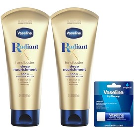 Vaseline Lotion, Radiant X Deep Nourishment - Mantequilla de manos para piel seca + barra de terapia labial original Vaseline para labios secos con ge