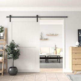 WINSOON 8FT Barn Door Hardware Kit: Single Sliding Door Hardware - Heavy Duty Black Barn Doors Track Kit - Carbon Steel Sliding Barn Doors Rail - J-Shape Easy to Install for 53" Closet Panel(No Door)
