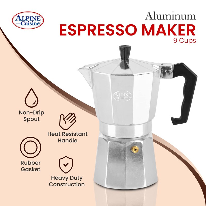 Alpine Cuisine Stovetop Espresso Maker 12.5 Oz, 9 Espresso Cups