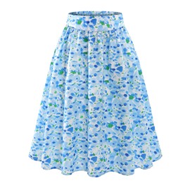 Bbonlinedress Women's Floral Print A-Line Knee-Length Summer Skirts Casual High Waist Midi Skirt Swing Casual Skirt, White Blue Flower, M