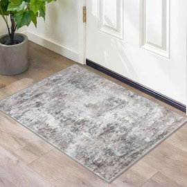Lansny Modern Abstract Entryway Rug Indoor 2x3 Washable Rug Non-Slip Soft Small Area Rug Beige Grey Kitchen Mats Thin Print Faux Wool Floor Carpet Neutral Throw Rugs for Entrance Bedroom Home Decor