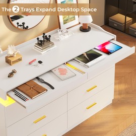 BTHFST LED Dresser for Bedroom Wood, 6 Drawer Dresser with 2 Pull-Out Trays, Chest of Drawers for Bedroom, Modern Wide Dresser for Living Room, Entryway, White
