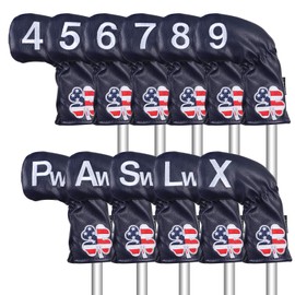 Craftsman Golf 11pcs /Set (4,5,6,7,8,9,A,S,P,L,X) USA US Flag Clover Leather Dark Blue Iron Covers Headcover (Dark Blue for Right)