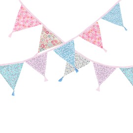 12 - Piece Floral Print Tassel Cotton Pennant Banner, Pink Bunting for Birthday Parties,Ceremonies Kitchen, Party, Wedding, Home Decor, Indoor & Outdoor Use (Powder blue tassels)
