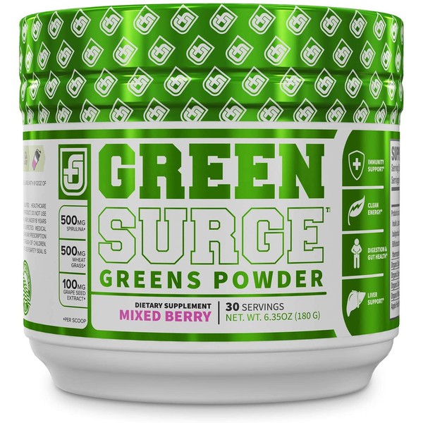 Green Surge Green Superfood Powder Supplement - Keto Friendly Greens Drink w/Spirulina, Wheat & Barley Grass, Organic Greens - Green Tea Extract, Probiotics & Digestive Enzymes - Mixed Berry - 30sv