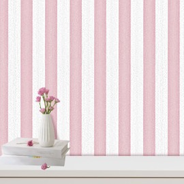 Striped Pink and White Wallpaper Peel and Stick Boho Silver Stripe Textured Contact Paper 15.7"x118" Self Adhesive Removable Waterproof Wallpaper for Bedroom,Cabinets,Drawer Liners