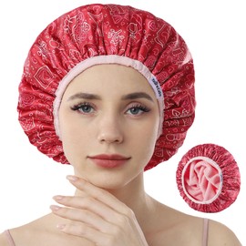 Years calm Terry Lined Shower Cap, Triple Layer Heart Motifs,Waterproof Reusable Elastic,Hair Shower Cap for Women,Terry Cloth Shower Caps for Spa,Clean,Trave (Red, One Size)