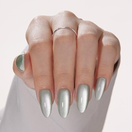 VSALON Press on Nails Medium Almond - Green Cat Eye Glassy Glitter Christams Gift for Women, Reusable Fake Nails & Soft Gel Nail Glue, Protector Cuticle Oil, Tabs & Nail File 32 PCS in 16 Sizes