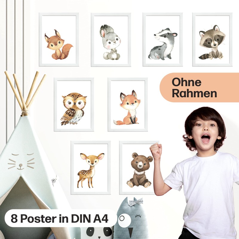 CreativeRobin Cute Baby Forest Animals Children's Poster DIN A4 Nursery