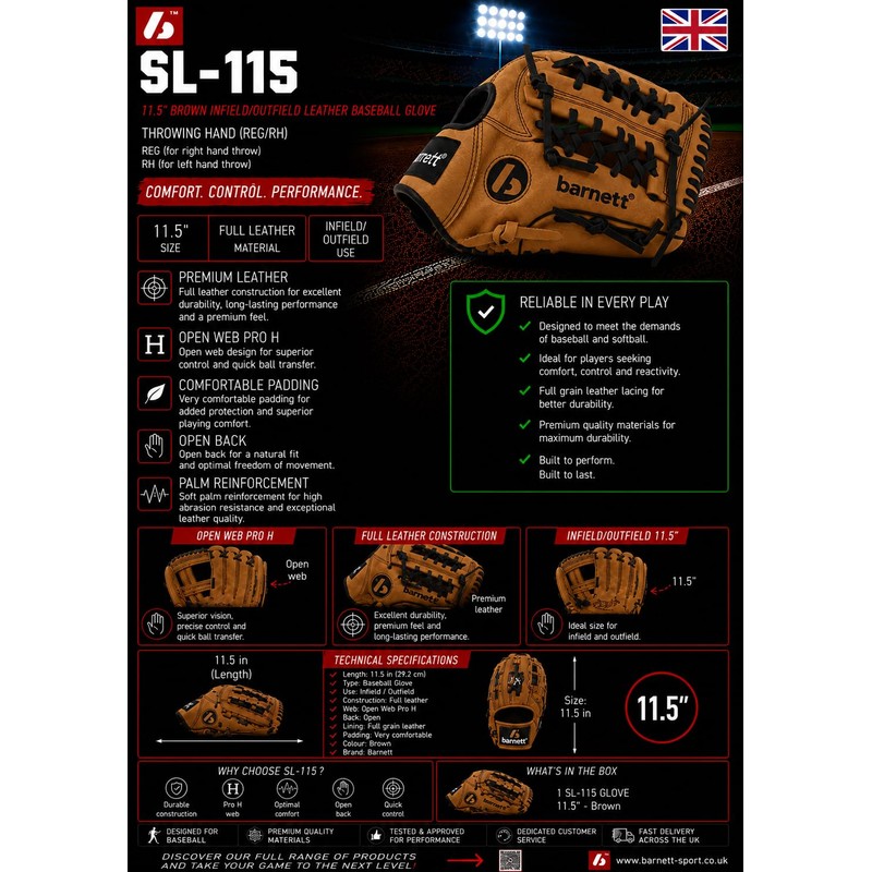 barnett SL-115 REG gloves of baseball cuir infield/outfield 11", pour